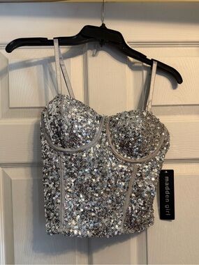Madden Girl Silver Sequined Crop Top with Bustier Shape
